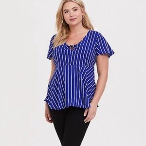 Torrid Flutter Sleeve Tie Front Peplum Top Blue and White